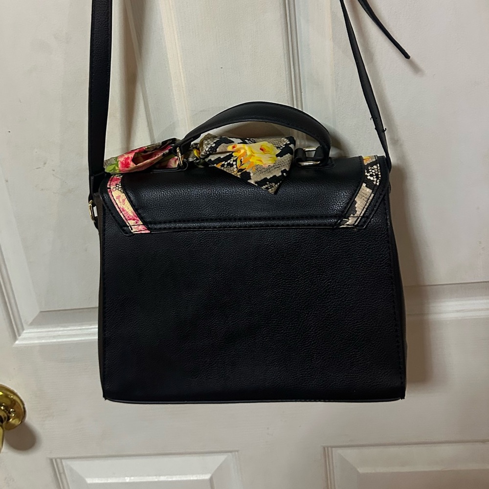 Betsey Johnson Elegant Black Handbag with Floral/Snakeskin Scarf Accent - Picture 2 of 4